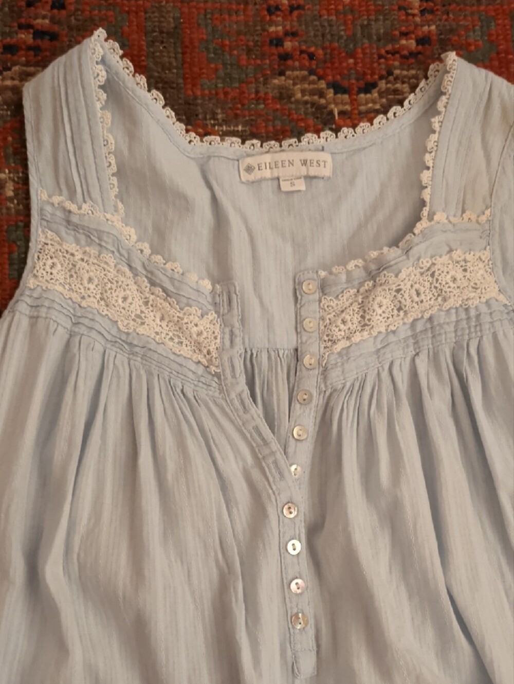 Eileen West Light Blue Cotton Sleeveless Nightgown with Lace Trim - Picture 2 of 4